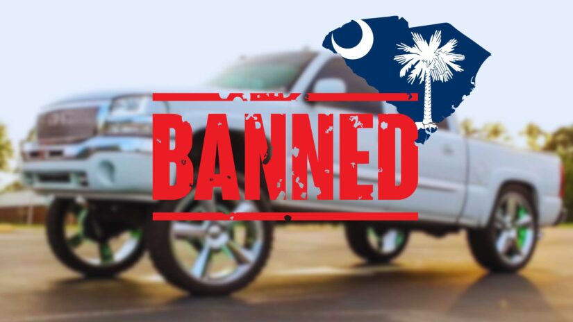 Image of a squatted truck with a banned stamp over it and the image of the South Carolina State flag in shape of the state itself.