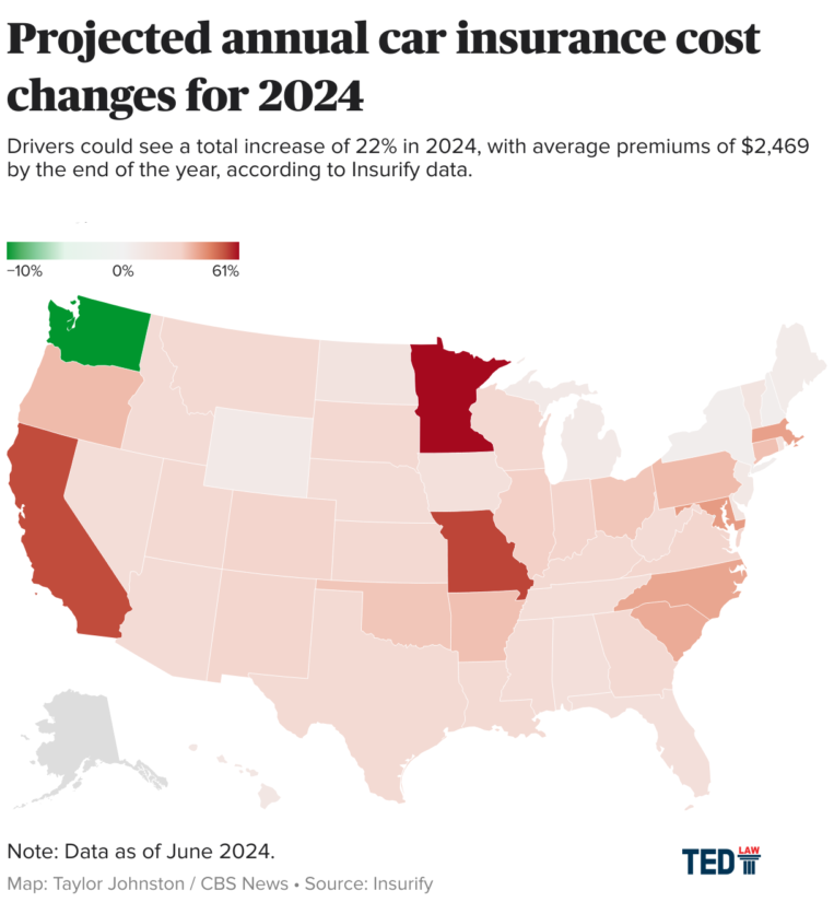 Projected Annual Car Insurance Cost changes for 2024 state heatmap